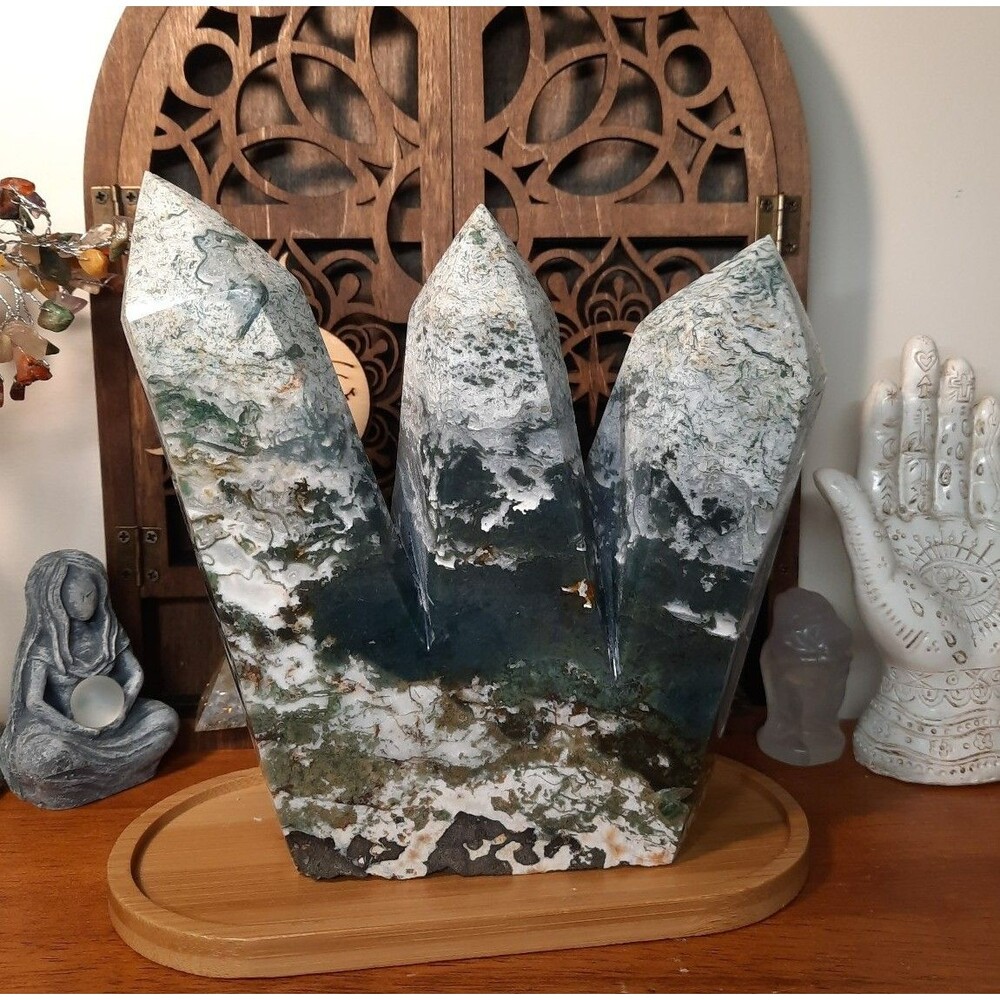 Large 3.6 LB Moss Agate Trident 3 Point Crystal Tower